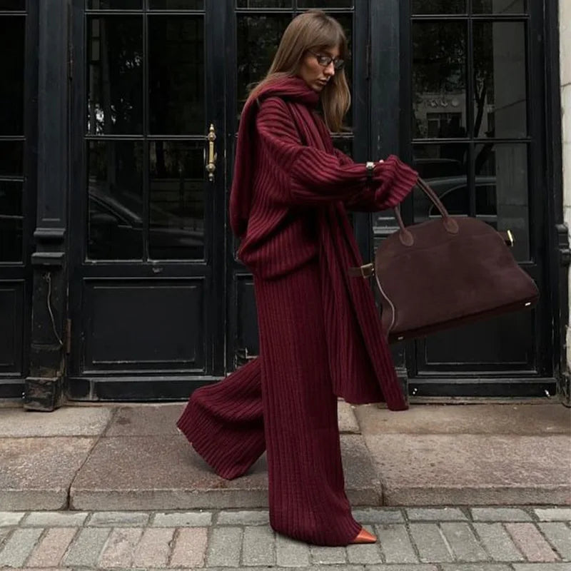 Iwanna™ Burgundy Sweater Pant Set With Scarf