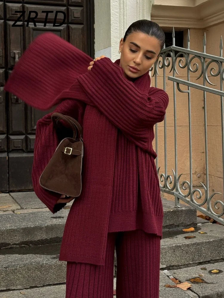 Iwanna™ Burgundy Sweater Pant Set With Scarf