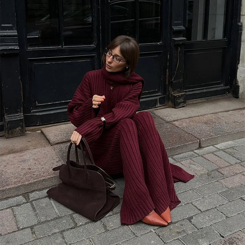 Iwanna™ Burgundy Sweater Pant Set With Scarf