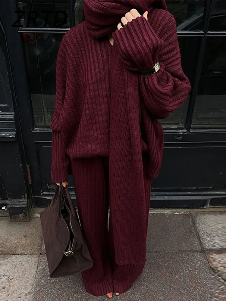Iwanna™ Burgundy Sweater Pant Set With Scarf