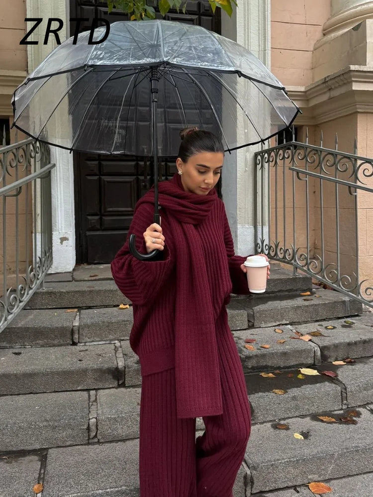 Iwanna™ Burgundy Sweater Pant Set With Scarf