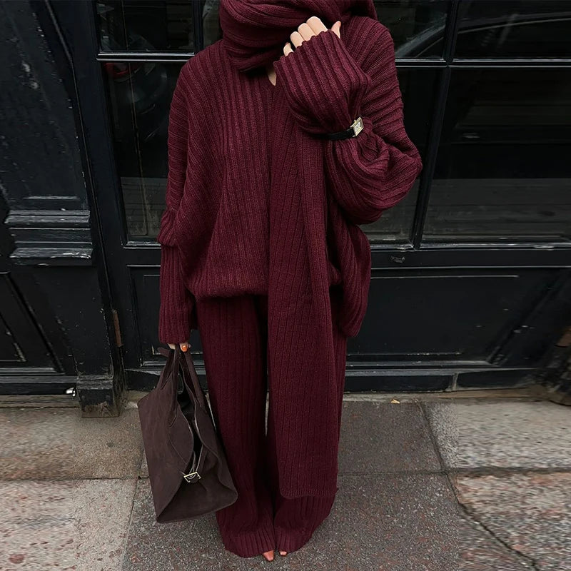 Iwanna™ Burgundy Sweater Pant Set With Scarf